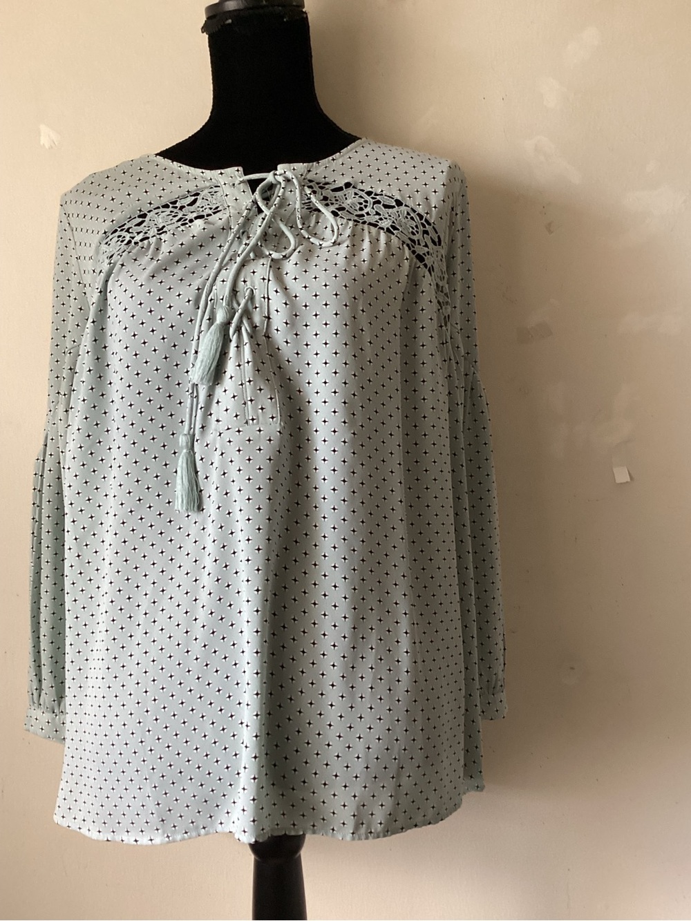 Loft Light Mint Green Printed Peasant Top with Tassel Tie